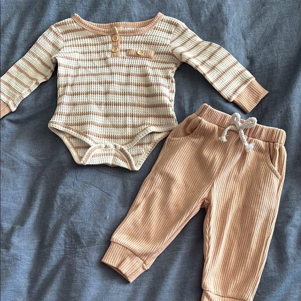 Striped Beige and Tan Baby Long-Sleeve Outfit Set, 3-6 Months